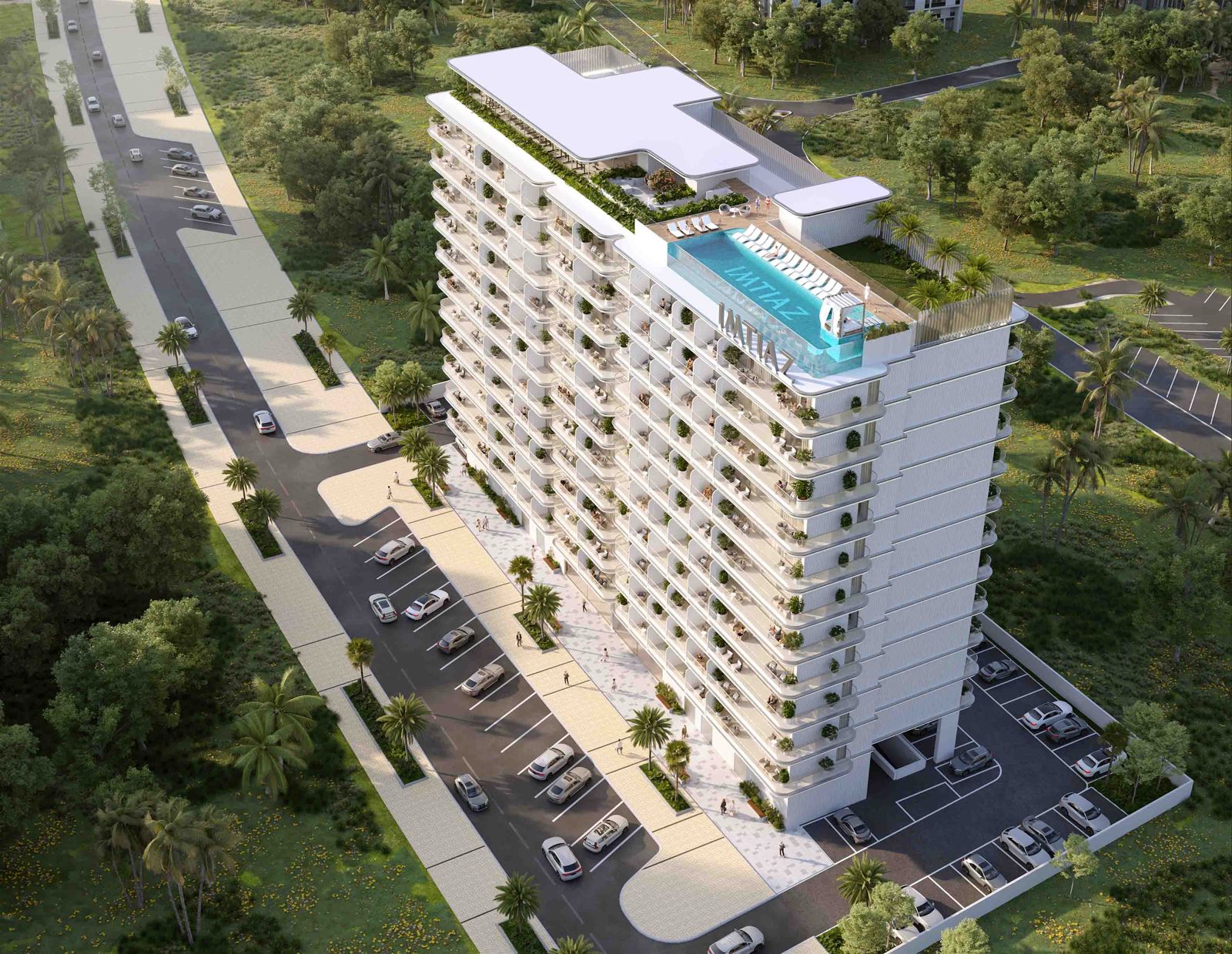 Vue aérienne de Cove Edition 6 montrant la piscine sur le toit et les espaces verts luxuriants à Dubailand